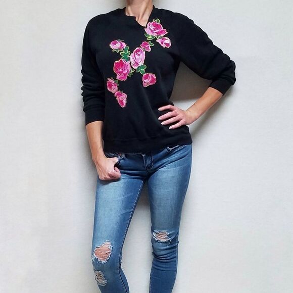 VINTAGE Lee Hand Made Floral Applique Gold Metallic Side Slit Sweatshirt Medium - Picture 2 of 14